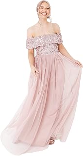 Maya Deluxe Maya Berry Bardot Embellished Maxi Dress Women's Bridesmaid Dress