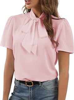 Rooscier Women Bow Tie Knot Stand Collar Short Sleeve Elegant Workwear Blouse Shirt Top
