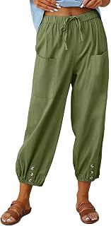 Women's Capri Pants High Waist Drawstring Cinch Bottom with Button Cotton Loose Casual Trouser with Pockets