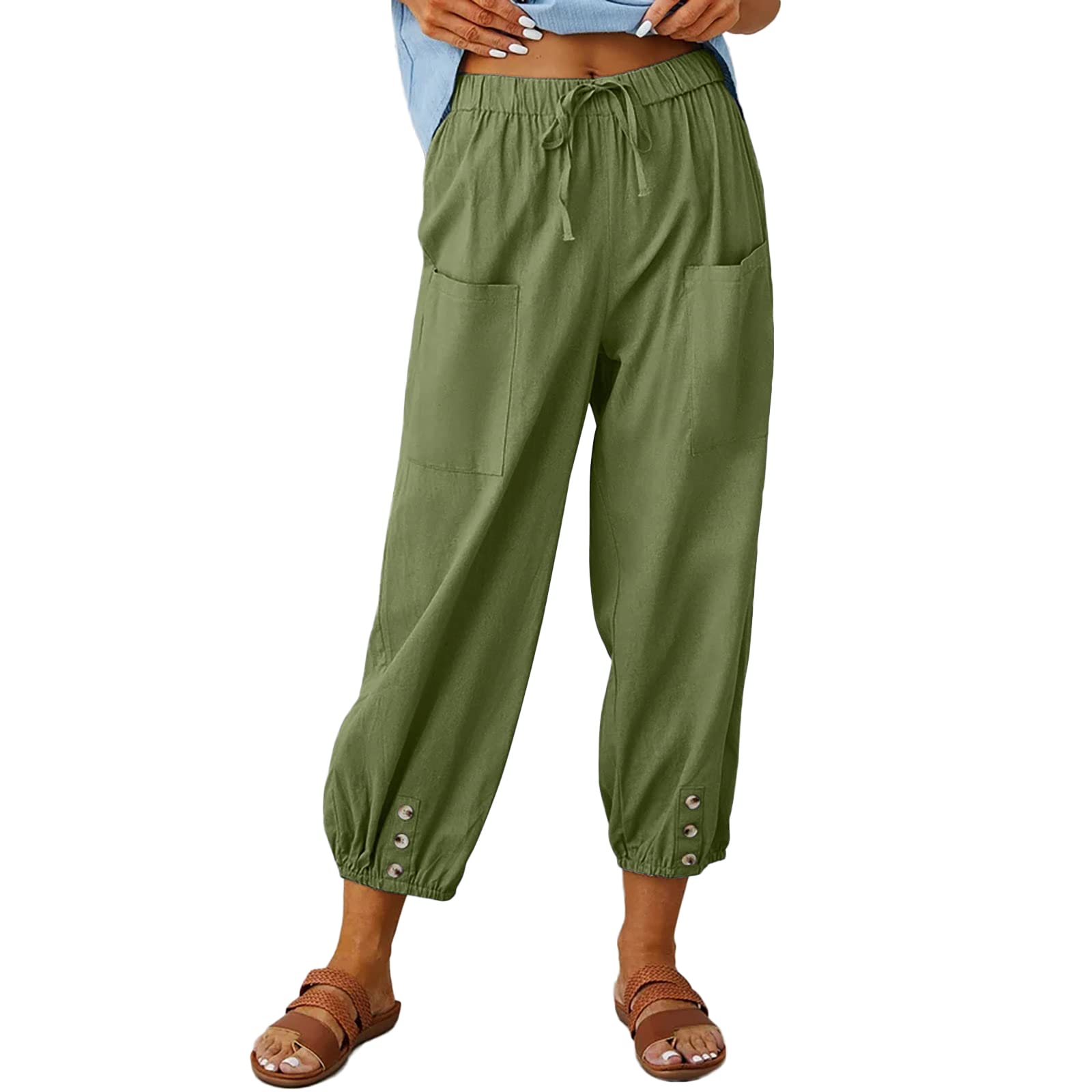 Women's Capri Pants High Waist Drawstring Cinch Bottom with Button Cotton Loose 
