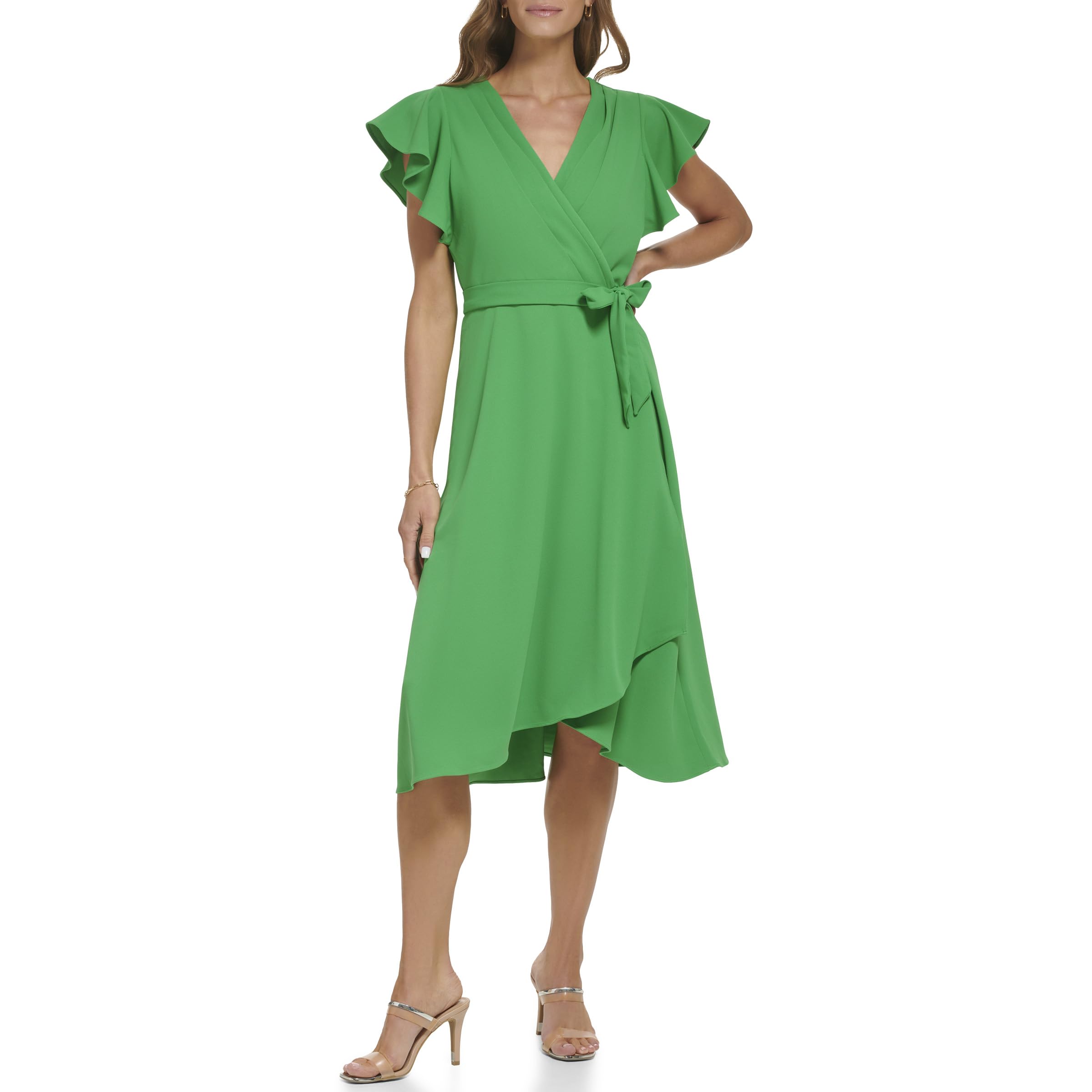 DKNY Women's Ruffle Sleeve Flared Midi Dress