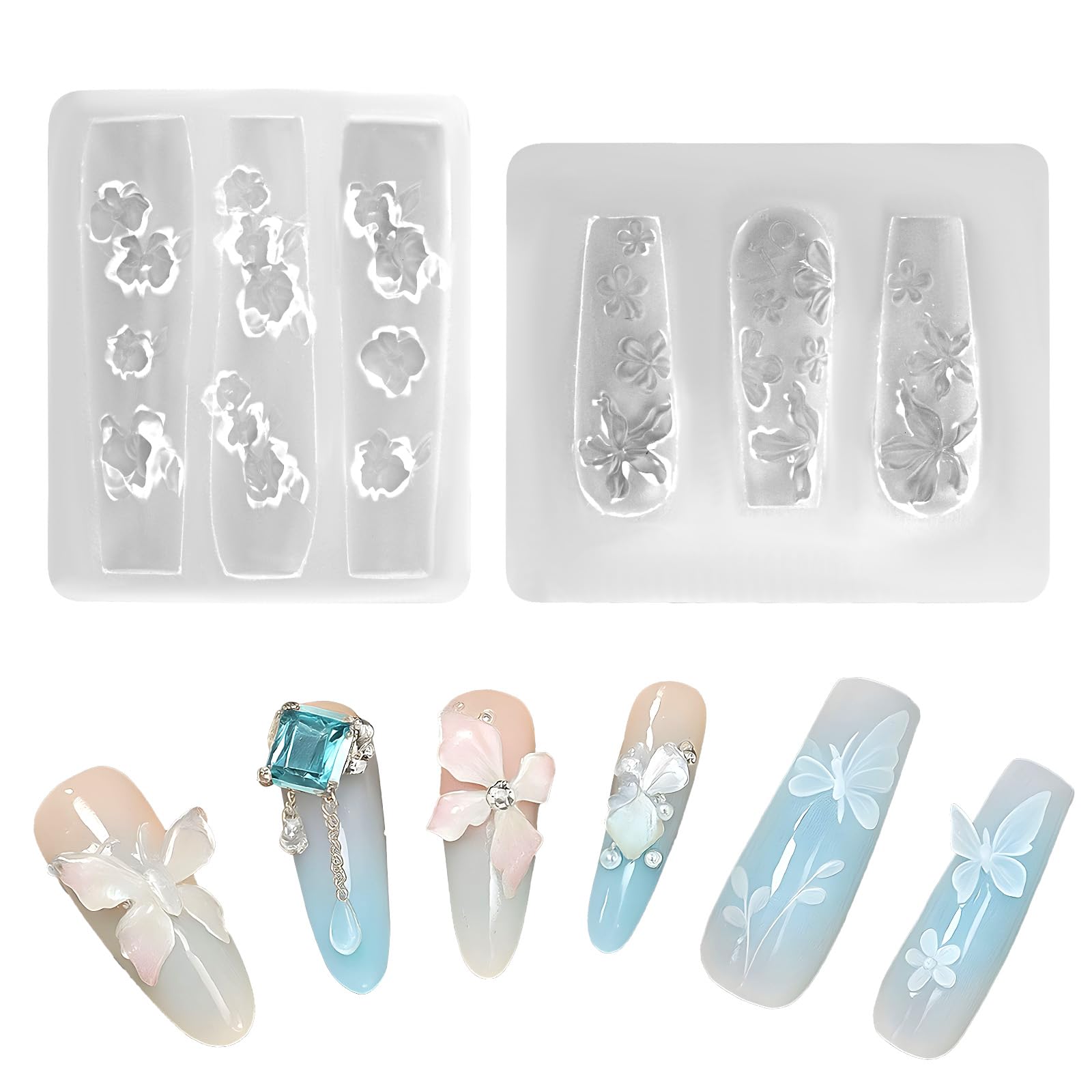 2pcs Silicone Nail Molds, 3D Flower Gel Nail Charms Molds for Nails Design Cute 