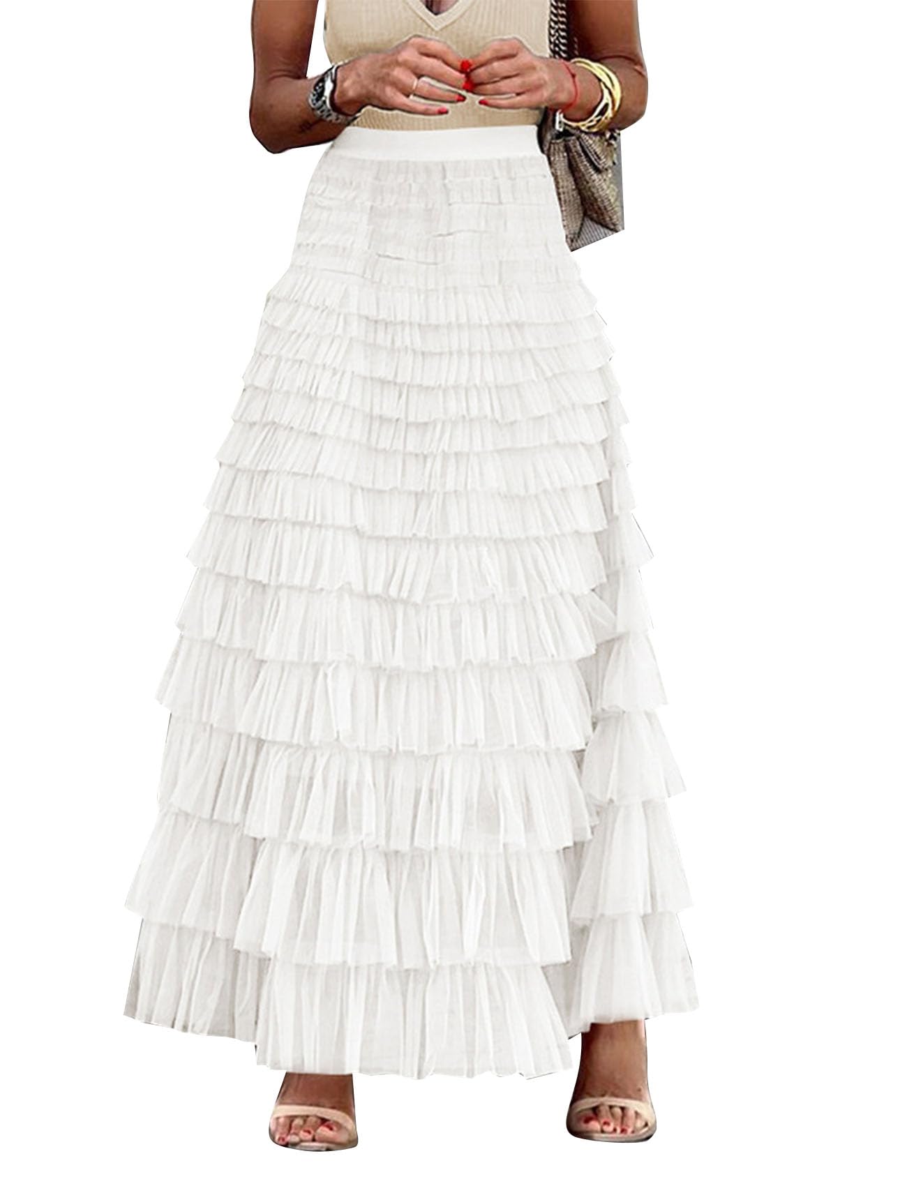 Flygo Women Long Maxi Tulle Skirt High Waist A-Line Multilayer Mesh Tutu Pettico