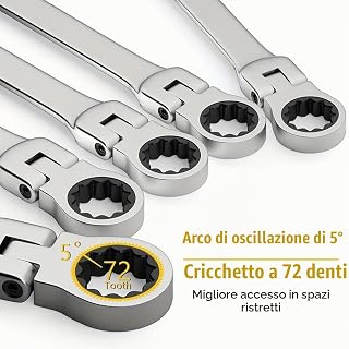 5 x Metric Ratchet Wrenches Flexible Head Made of Chrome Vanadium Steel Including Combination Spanners and Hand Tools
