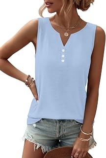 TICTICMIMI 女性用タンクトップ 夏 ノースリーブ ルーズフィット Vネック ボタン Tシャツ ベーシック Tシャツ カジュアル ゆったり トレンディな服