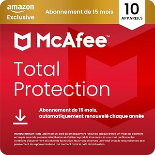 McAfee Total Protection 10 Appareils 2026, 15 mois| Amazon Exclusivité, Antivirus, VPN, Logiciel de sécurité | Abonnement, automatiquement renouvelé chaque année | Téléchargement numérique