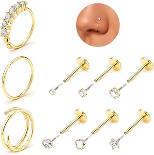 Nose Rings for Women Men Gold Silver 20G 18G Hypoallergenic Nose Ring Stud | 9Pcs Small Surgical Steel Nose Studs CZ Heart Star Internally Threaded Nose Piercing Earrings Tragus Helix Flat Back Jewelry