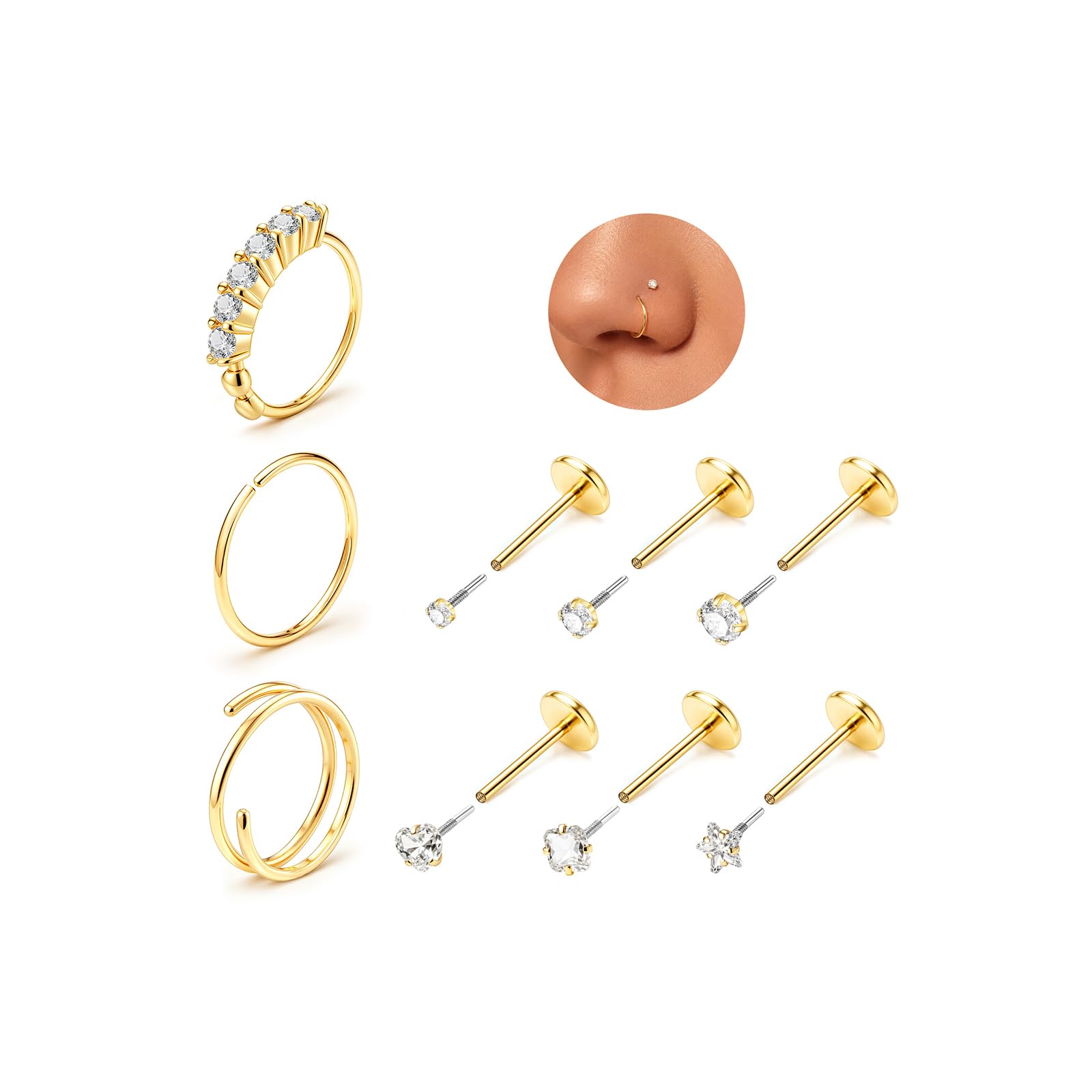 Nose Rings for Women Men Gold Silver 20G 18G Hypoallergenic Nose Ring Stud | 9Pc