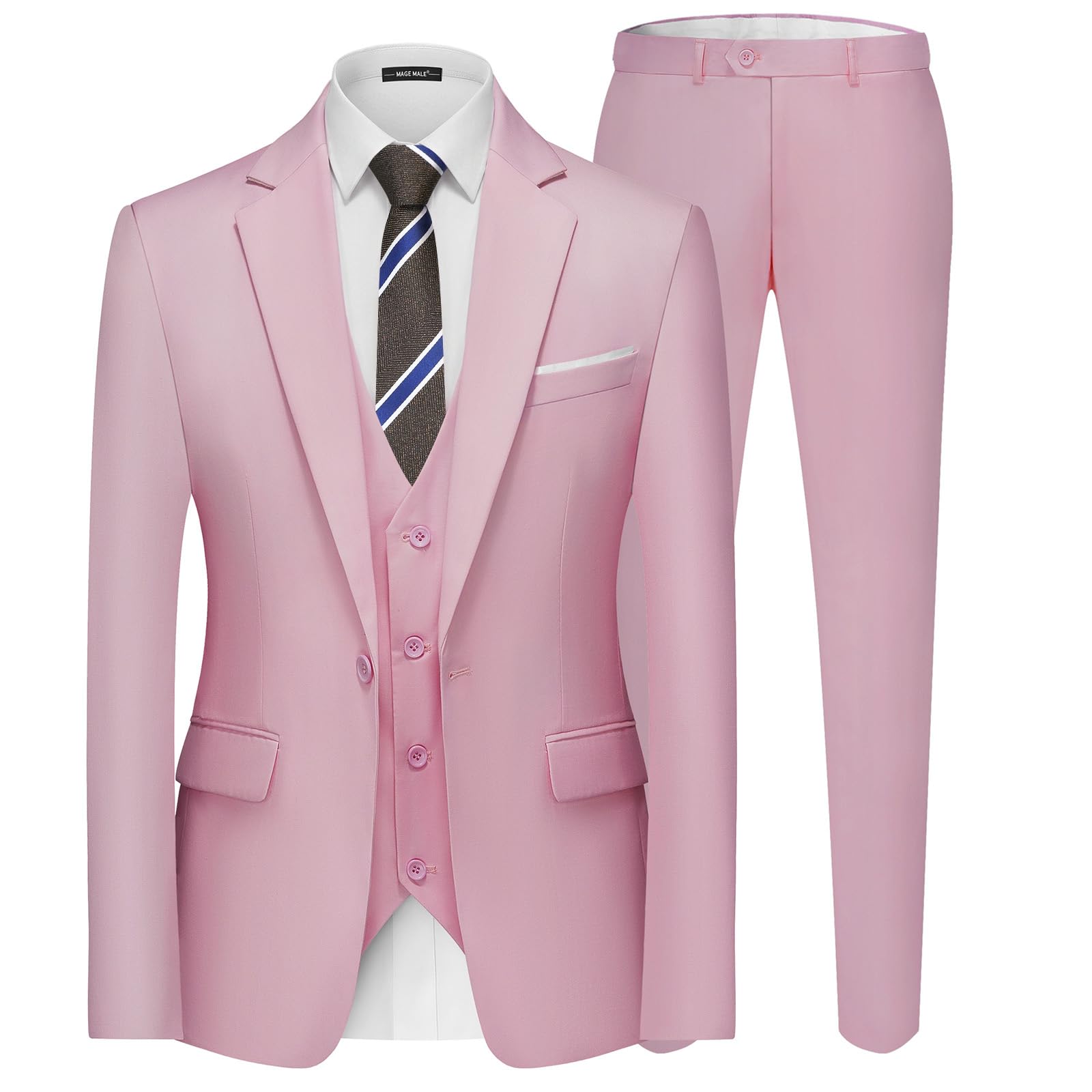 MAGE MALE Men's 3 Pieces Suit One Button Tuxedo Slim Fit Blazer Vest Pants