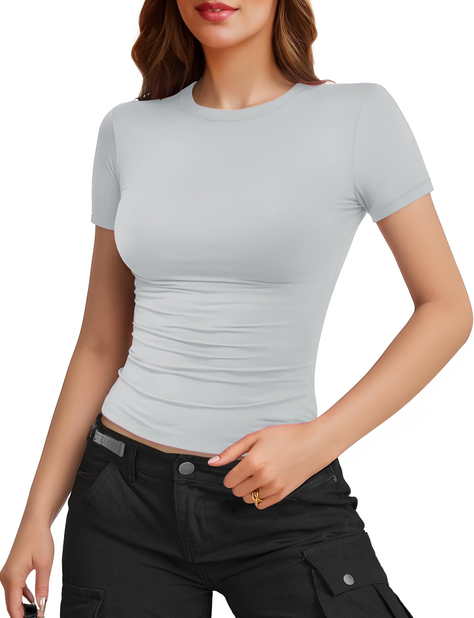 YOGINGO 2 Pack Women's Basic T Shirts Short Sleeve Round Neck Slim Fit T-Shirts 