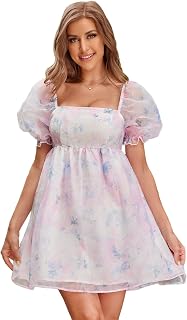 Women's Tie Dye Floral Print Dress Square Neck Puff Sleeve Flowy Dress