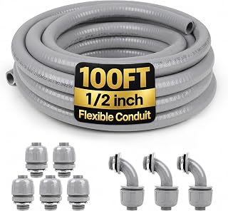 Elecoman 1/2inch 100ft Liquid-Tight Conduit and Connector Kit,Flexible Non-Metallic Liquid Tight Electrical Conduit Kit with 5 Straight and 3 90-Degree Connector Fittings,1/2 in. Dia