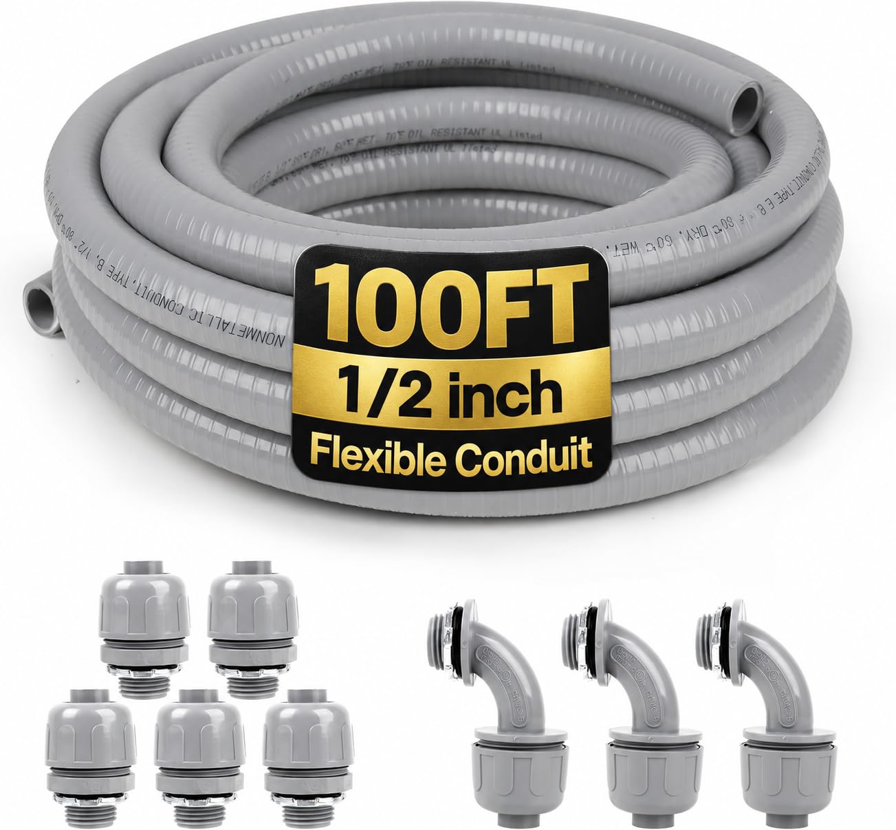 Elecoman 1/2inch 100ft Liquid-Tight Conduit and Connector Kit,Flexible Non-Metal
