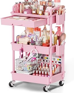 Goovilla Rolling Makeup Organizer Cart with Removable Drawer, 3 Tier Pink | Stable Floor Skincare Storage Cart for Vanity, Cosmetic Display, Nail Polish, Perfume, Hair Stuff, Beauty, Bathroom(Plastic)