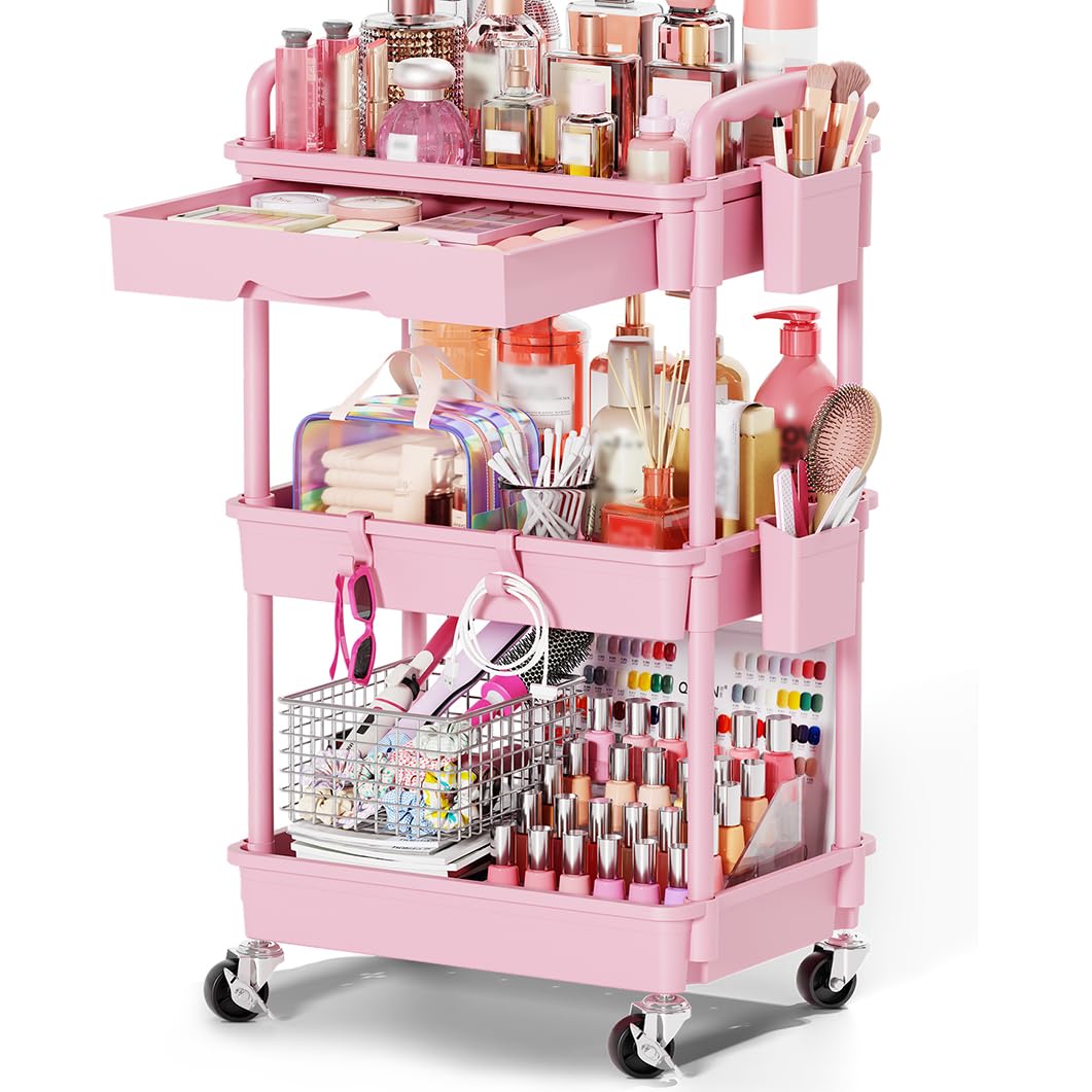Goovilla Rolling Makeup Organizer Cart with Removable Drawer, 3 Tier Pink | Stab