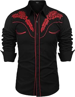 COOFANDY Camisas occidentales de manga larga slim fit bordado vaquero casual botón abajo camisa - - 3X-Large