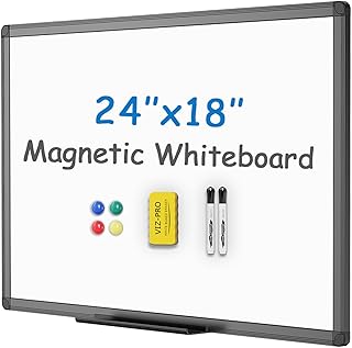 VIZ-PRO Magnetic Dry Erase Board, 24 x 18 Inches, Black Aluminium Frame | Includes 1 Eraser, 2 Markers & 4 Magnets, Wall Mounted Whiteboard for School Office and Home