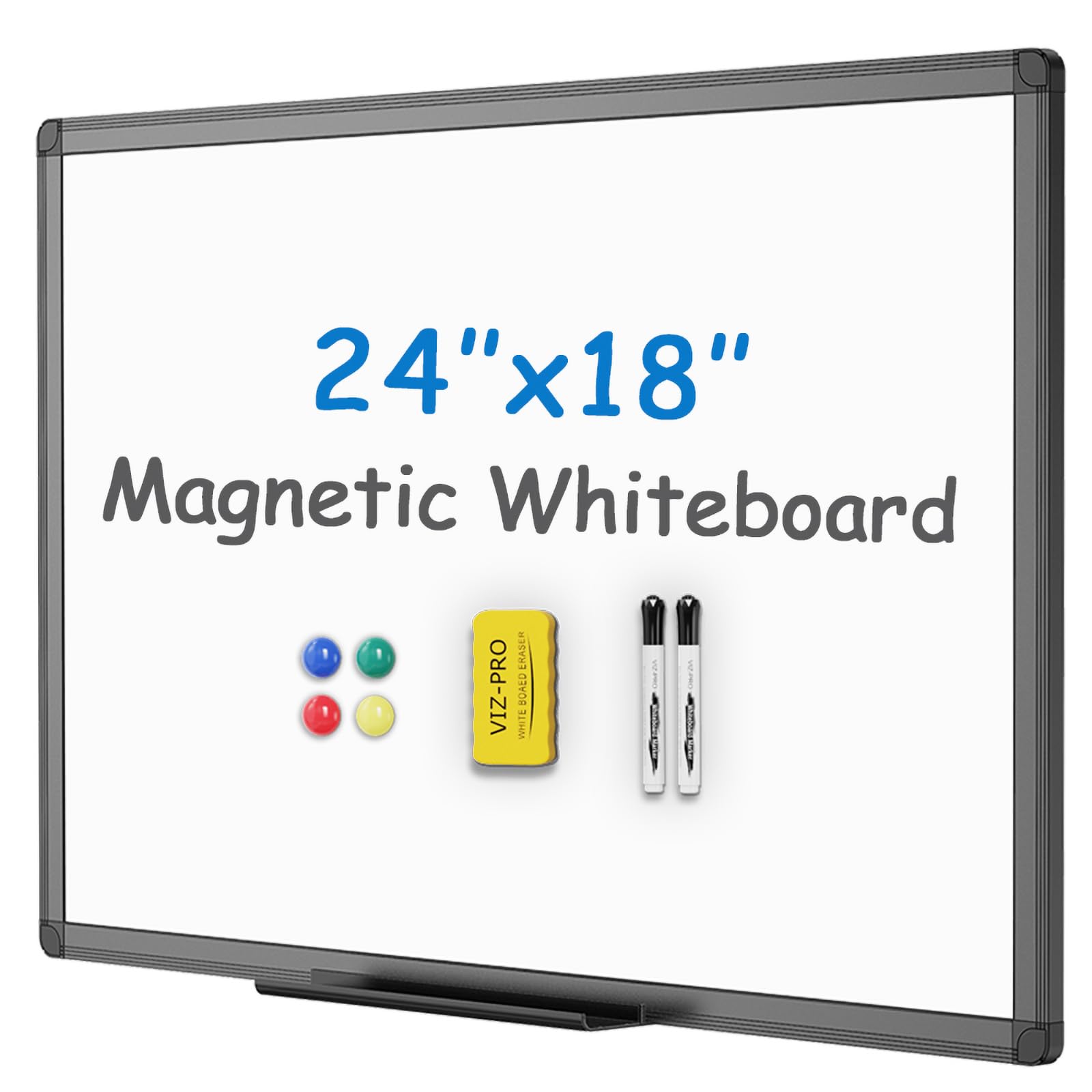 VIZ-PRO Magnetic Dry Erase Board, 24 x 18 Inches, Black Aluminium Frame | Includ