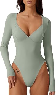 QINSEN Women's Long Sleeve Bodysuit V Neck Body Suits Seamed Cup Going Out Tops Shirt