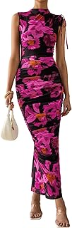 PRETTYGARDEN Abito lungo estivo da donna, maxi, floreale, increspato, aderente, senza maniche, in rete, formale, per matrimoni, ospiti, cocktail