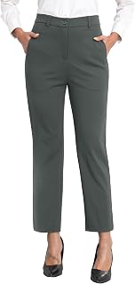GRECERELLE Women's Work Trousers Elegant Stretch Waist Straight Leg Casual Yoga Trousers with Pockets and Zip