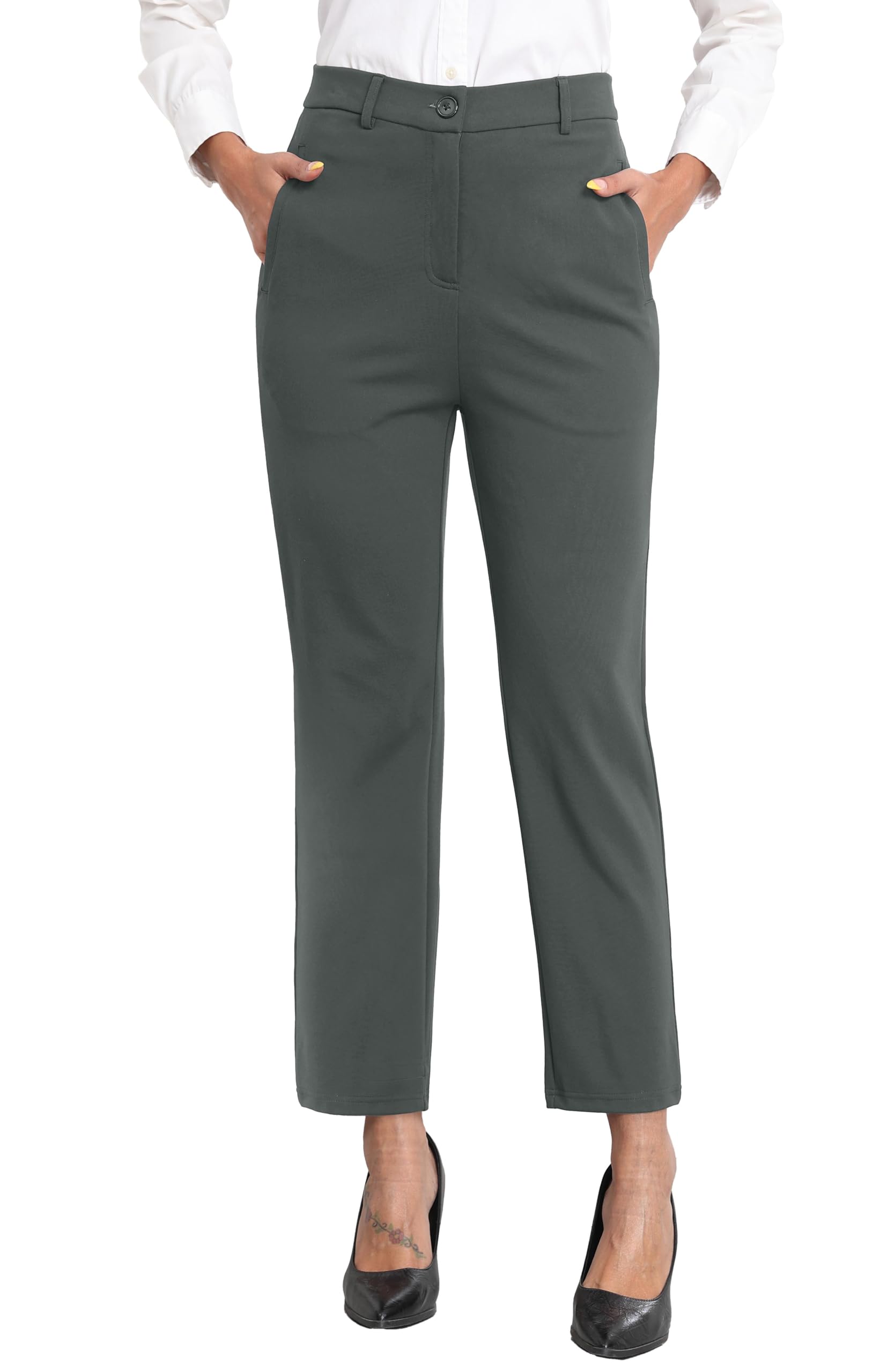 GRECERELLE Women's Work Trousers Elegant Stretch Waist Straight Leg Casual Yoga 