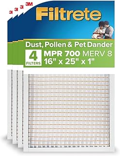 Filtrete 16x25x1 Air Filter, MERV 8, MPR 700, 4 HVAC Filters | Dust, Pollen, & Pet Dander, 3-Month AC/Furnace Filters, Cleaner Air, Reliable Airflow, (Act. Size 15.69x24.69x1.56 in)
