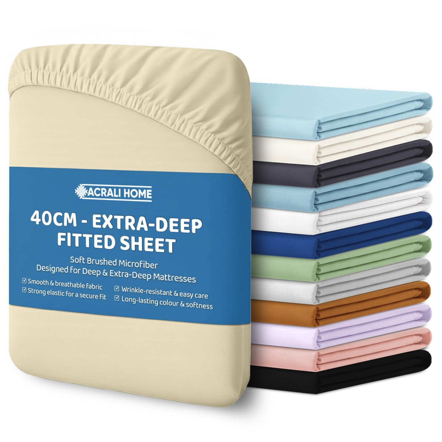 ACRALI HOME King Size Fitted Sheet - Cream Bottom Sheet for King Bed with 40cm E
