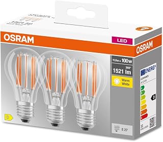 Osram LED Bulb, E27 Socket, Warm White, 2700 K, 11 W, Replacement for 100 W Incandescent Bulb, Clear, LED BASE CLASSIC A, Pack of 3