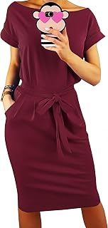 PRETTYGARDEN Women's Summer Short Sleeve Crewneck Striped Dress Basic Solid Tie Waist Office T Shirt Dresses Pockets