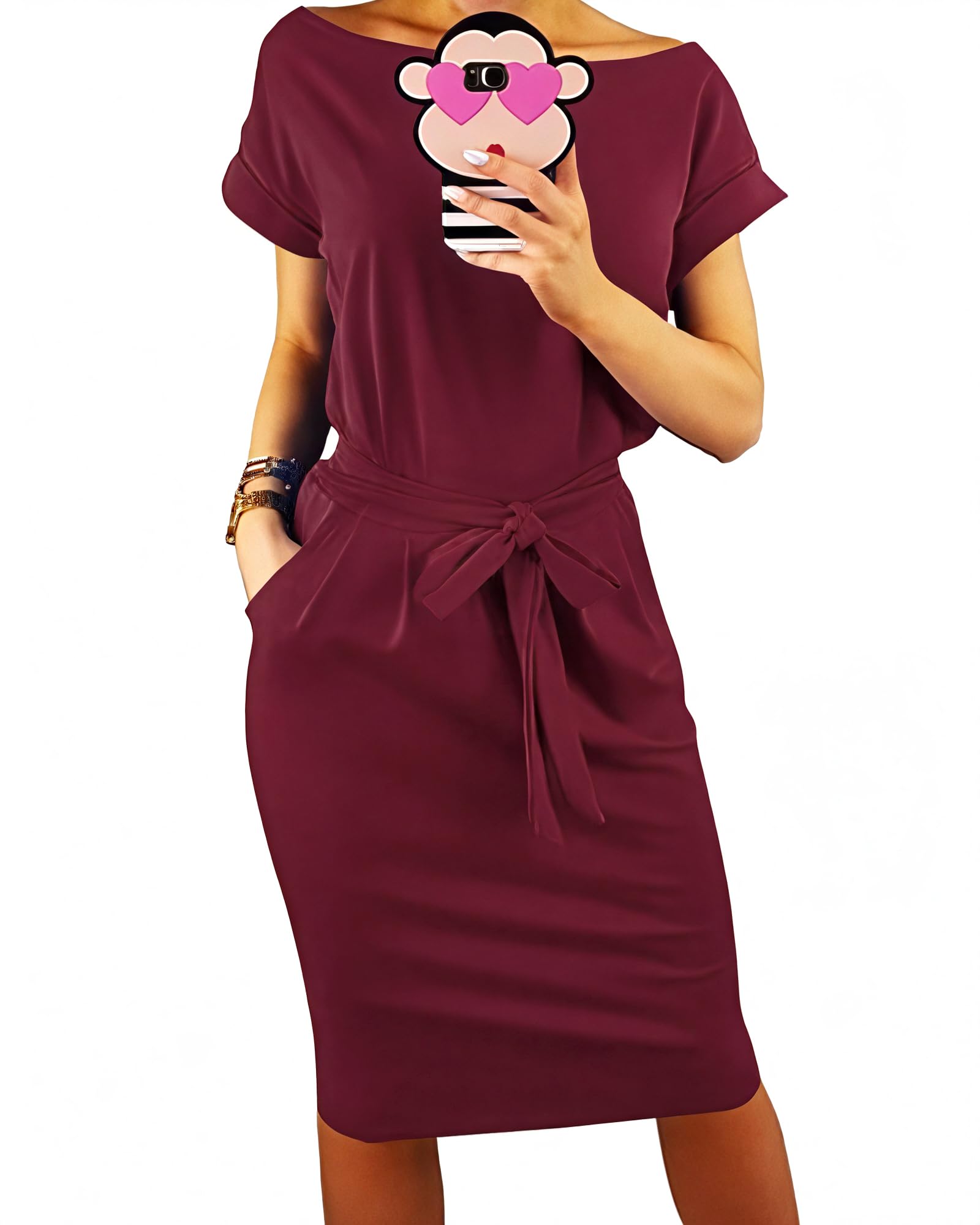 PRETTYGARDEN Women's Summer Short Sleeve Crewneck Striped Dress Basic Solid Tie 