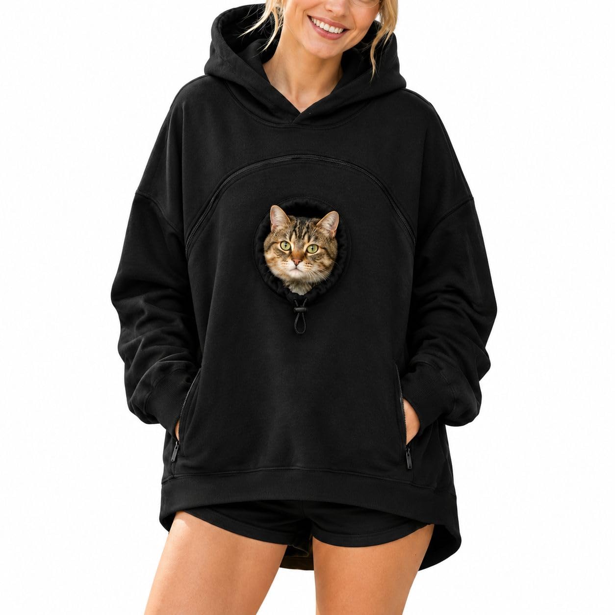 Pet Pouch Hoodie with Zippered Chest Carrier Pocket Unisex Relaxed Fit, Side Sle