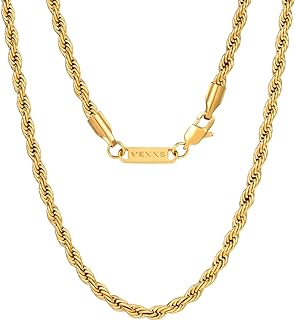 VEXXS Rope Chain, 18K Real Gold Plated Rope Necklace Gold Chain, Durable No Color Fading 3mm 5mm Miami Cuban Link Chain Men’s Necklace