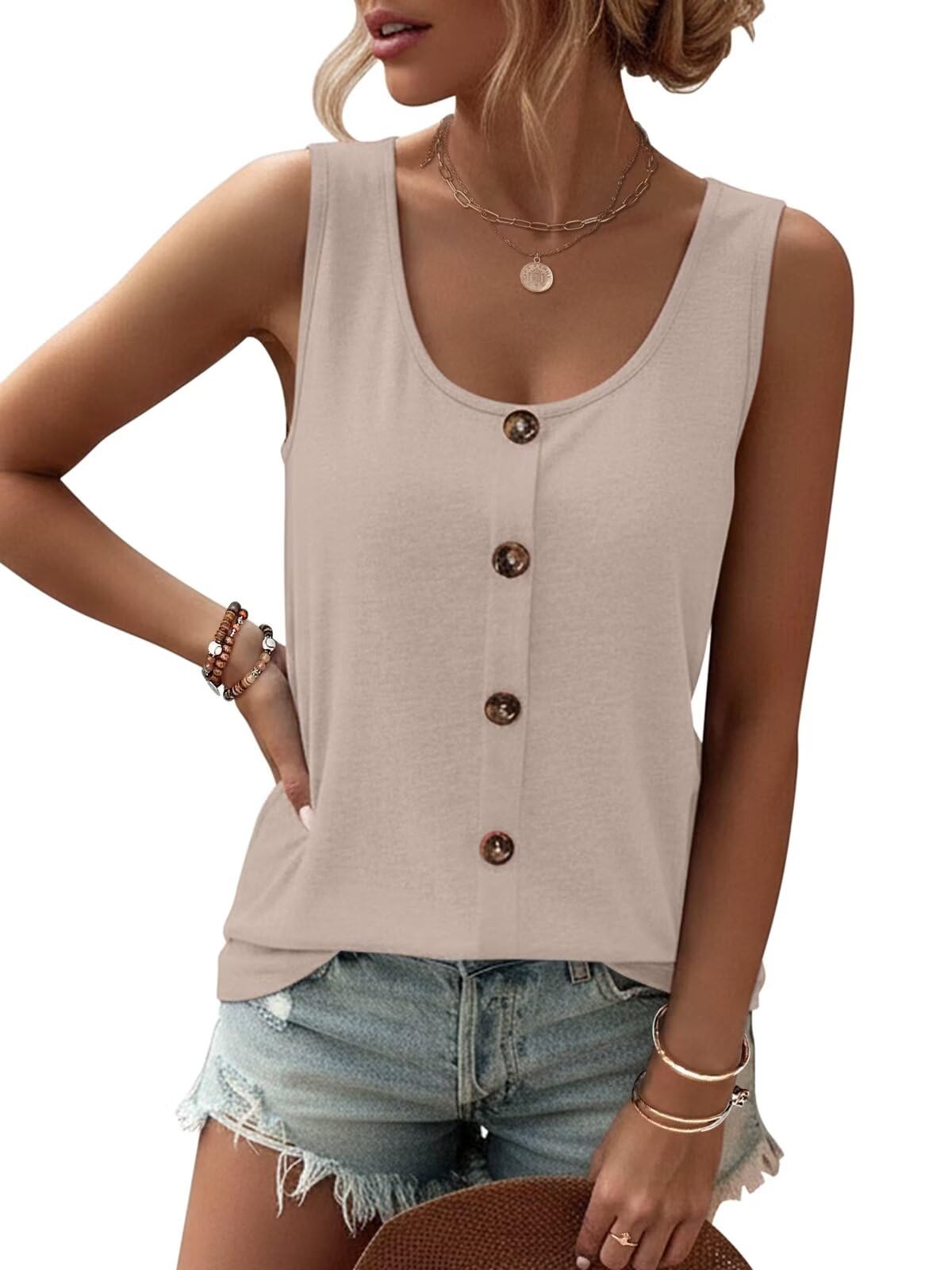 TICTICMIMI Womens Tank Tops 2026 Buttons Casual Summer Sleeveless Tee T-Shirt Sc