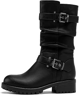 DOBOLIN Wide Width Mid Calf Boots for Women Motorcycle Biker Dressy Boots