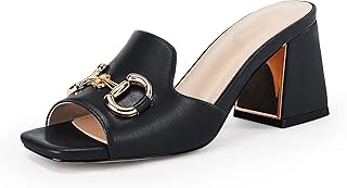 gihubafuil Women's Sandals Peep Toe Slides Chunky Heel Mules Single Band Comfort Slip-on Shoes with Metal Chain for Spring Summer