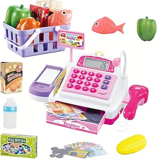 Sotodik Mini Cash Register Pretend Play Supermarket Shop Toys with Calculator,Working Scanner Play Food and More Pink-Small Size