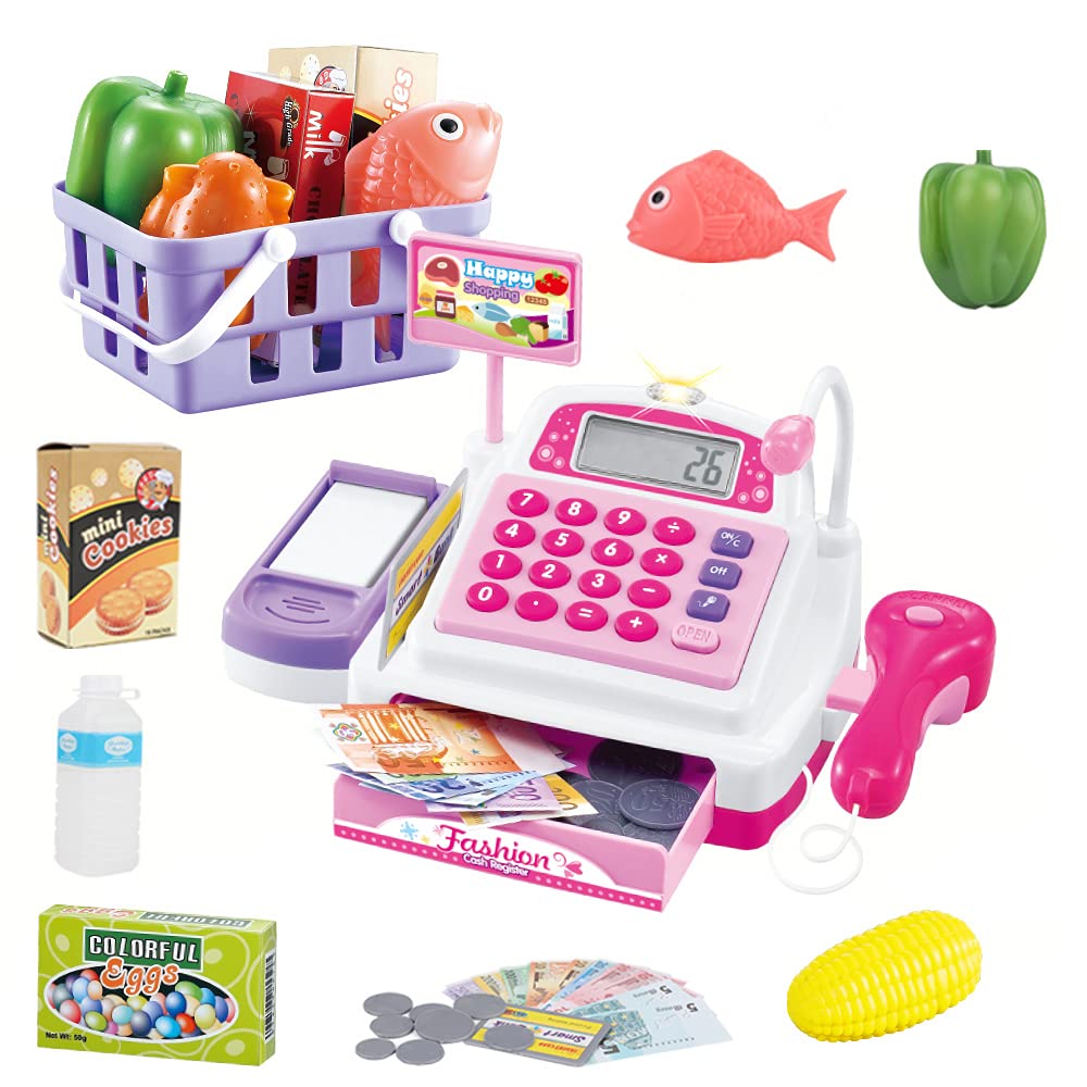 Sotodik Mini Cash Register Pretend Play Supermarket Shop Toys with Calculator,Wo