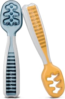 NumNum Cuillère Bébé 1er Âge Apprentissage DME - Lot 2 (Bleu/Orange) | Pré-Cuillère Bébé En Silicone Sans BPA Pour Diversification Alimentaire DME, Couvert Repas Autonome Étape 1 Et 2