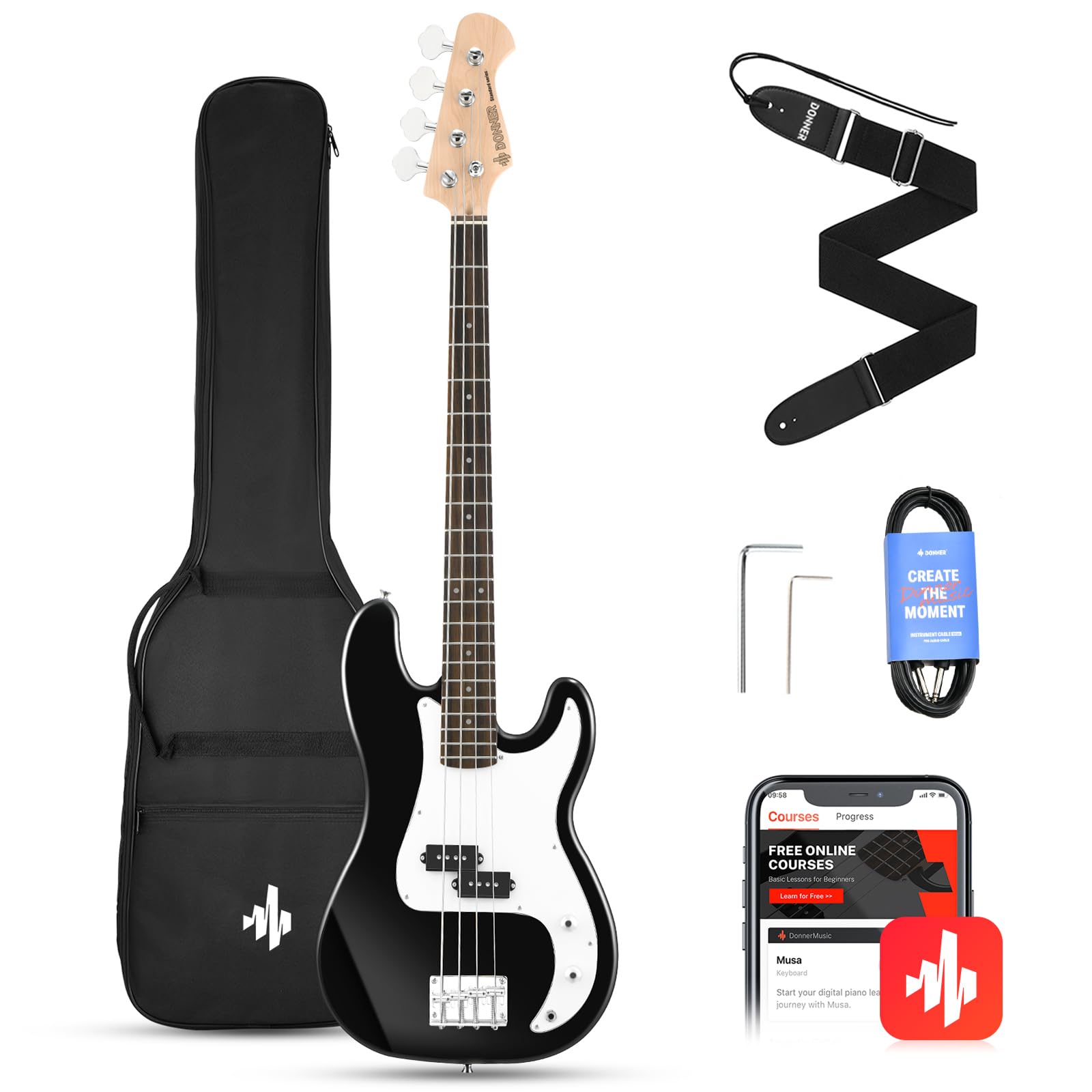 Donner Electric Bass 4 Strings Full-Size Guitar Kit PB-Style (Black) | Standard 
