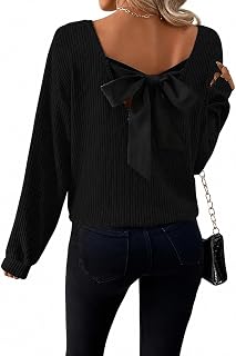 Women V Neck Bowknot Knitted Jumper Back Drop Shoulder Long Sleeve Pullover Top Casual Daily Autumn Elegant