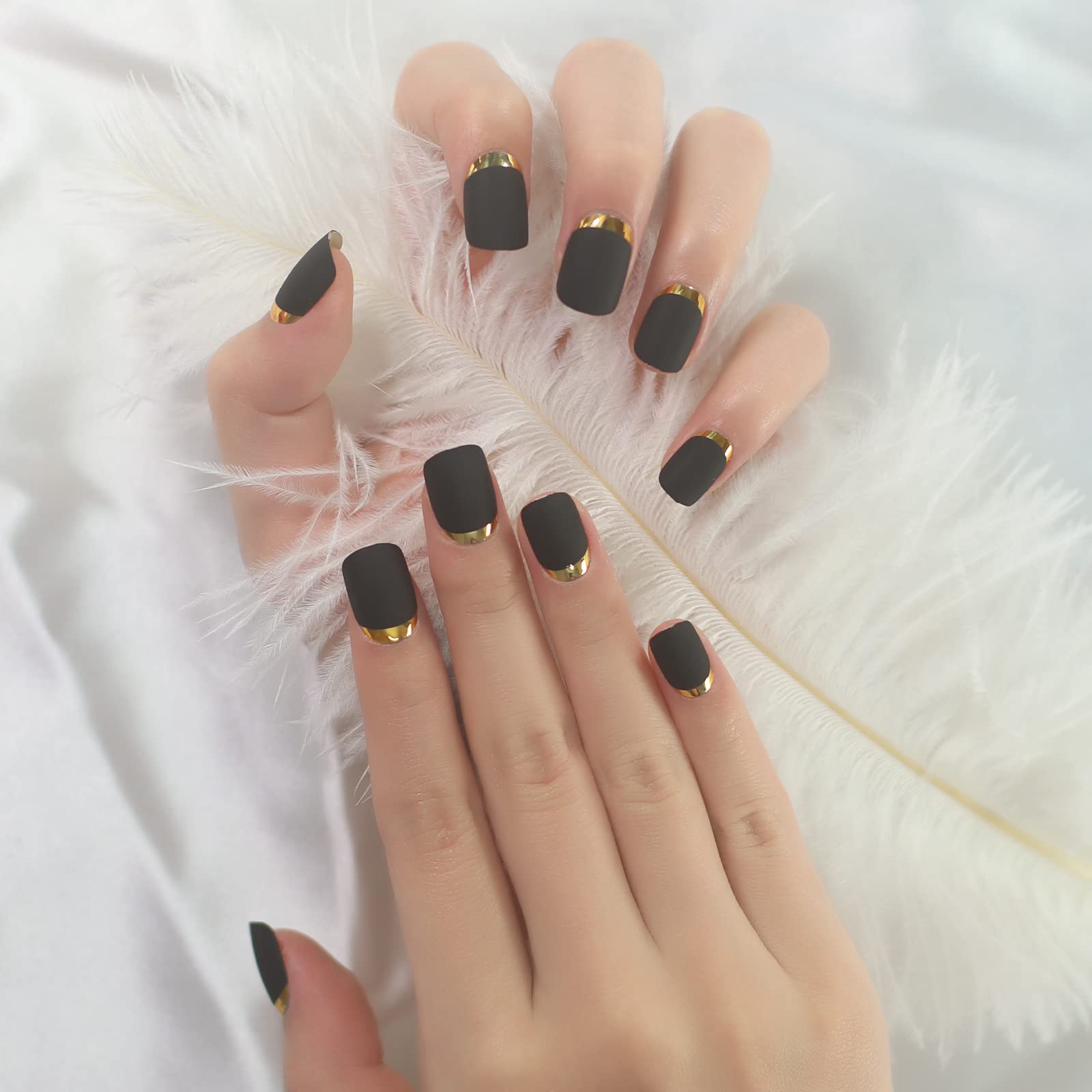 Matte Black Fake Nails - Gold Metallic Line Design French Nail Frost Fake Hongle