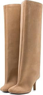 Women's Knee High Suede Boots for Women Square Toe Stiletto Heels Tall Boots Pull On High Heel Long Booties