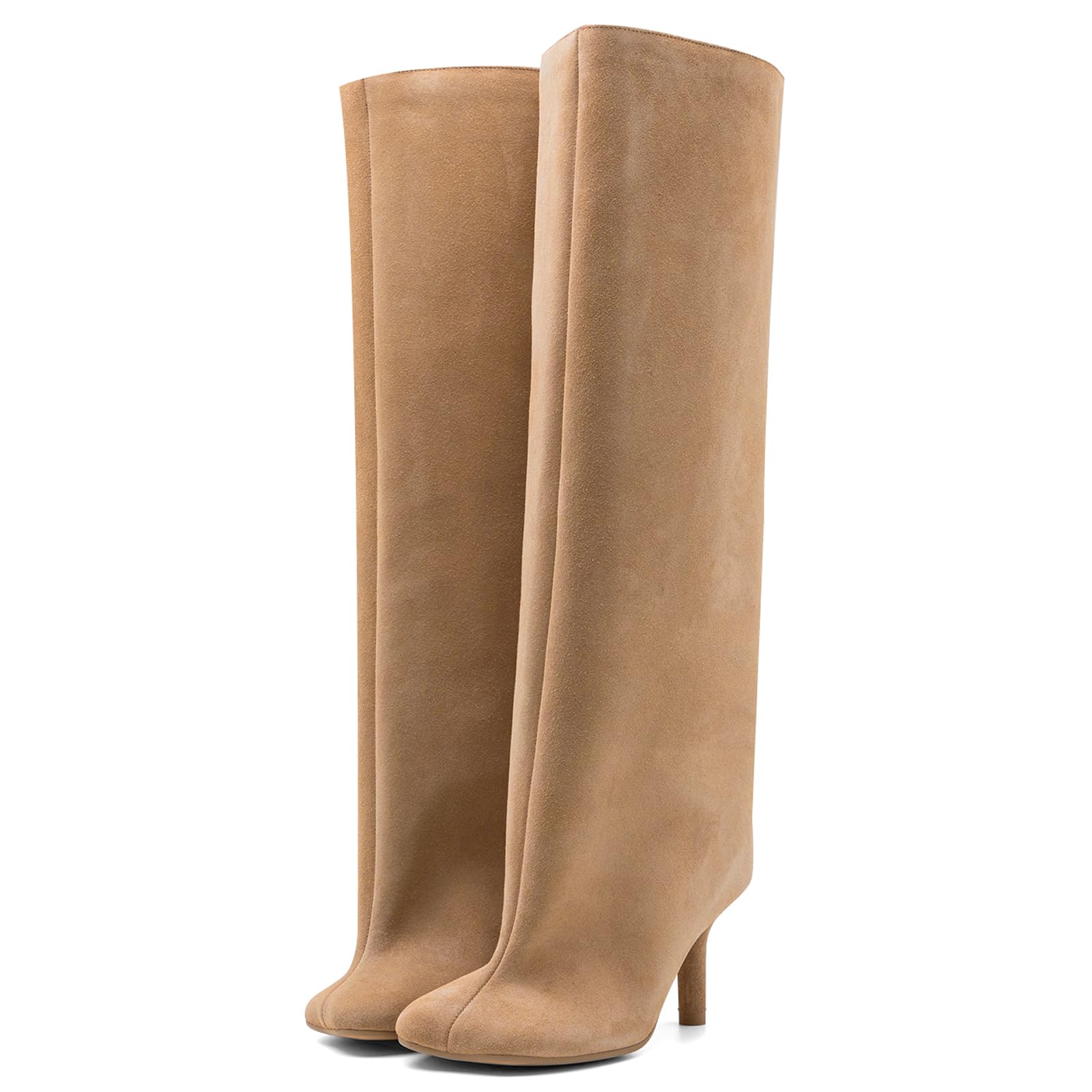 Women's Knee High Suede Boots for Women Square Toe Stiletto Heels Tall Boots Pul