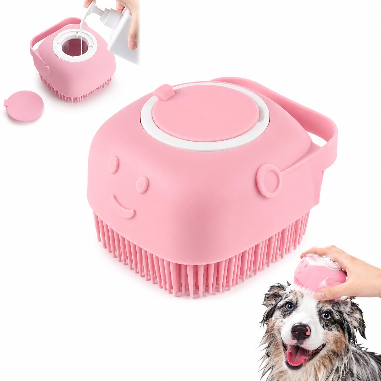 Dog Cat Shower Brush with Massage Bristles, Easy to Clean Design, Ergonomic Hand