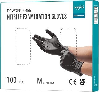 EUROPAPA 100 x Nitrile Gloves Box Disposable Gloves, Examination Gloves, Nitrile Gloves, Powder-Free, Latex-Free, Non-Sterile, Latex-Free, Disposable Gloves (M, Black)