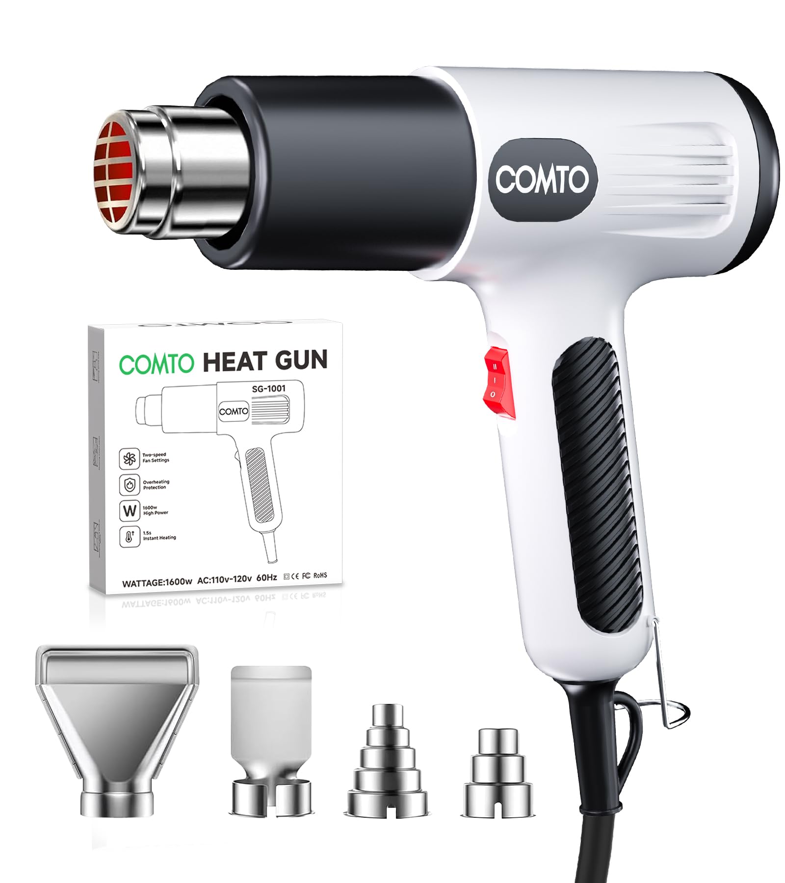 COMTO 1600W Heat Gun, Hot Air Gun with 2 Temp Settings, 4 Nozzles, Overheat Prot