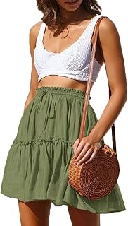 HOEREV Women's Girls' Floral Flared Short Skirt Cute High Waist Ruched Skirt Beach Mini Skirt