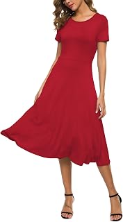 EXCHIC Women's Short Sleeve Solid Color Round Neck Elastic A-Line Dress Casual Elegant Round Neck Midi Dress