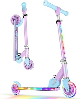 BELEEV V2 Scooters for Kids with Light-Up Wheels & Stem & Deck, 2 Wheel Folding Scooter for Girls Boys, 3 Adjustable Height, Non-Slip Pattern Deck, Lightweight Kick Scooter for Children Ages 3-12